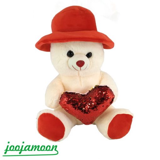 عروسک خرس کلاه دار قلب پولکی 45 سانت